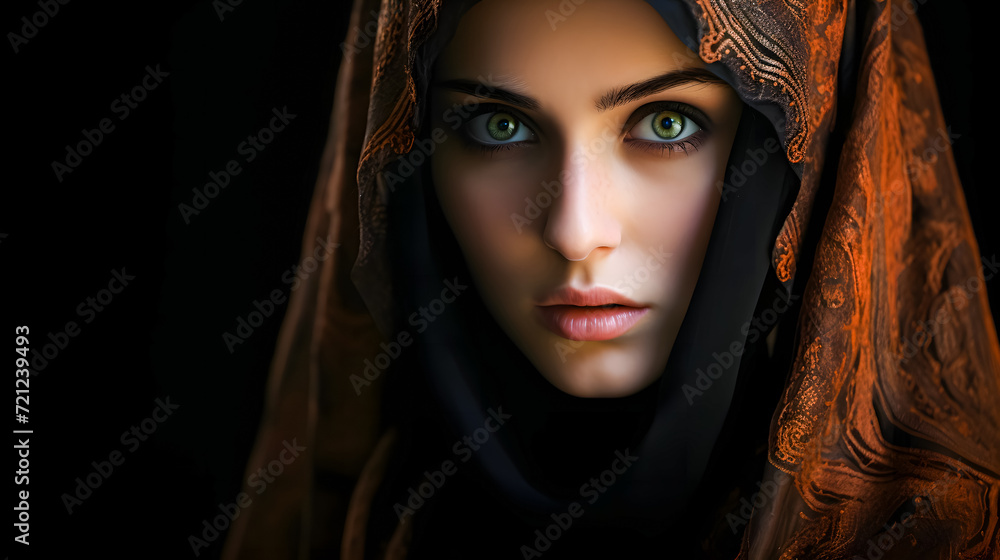 close up of a beautiful woman in a black veil wearing traditional clothing on a black background close up of a beautiful woman in a black veil wearing traditional clothing on a black background