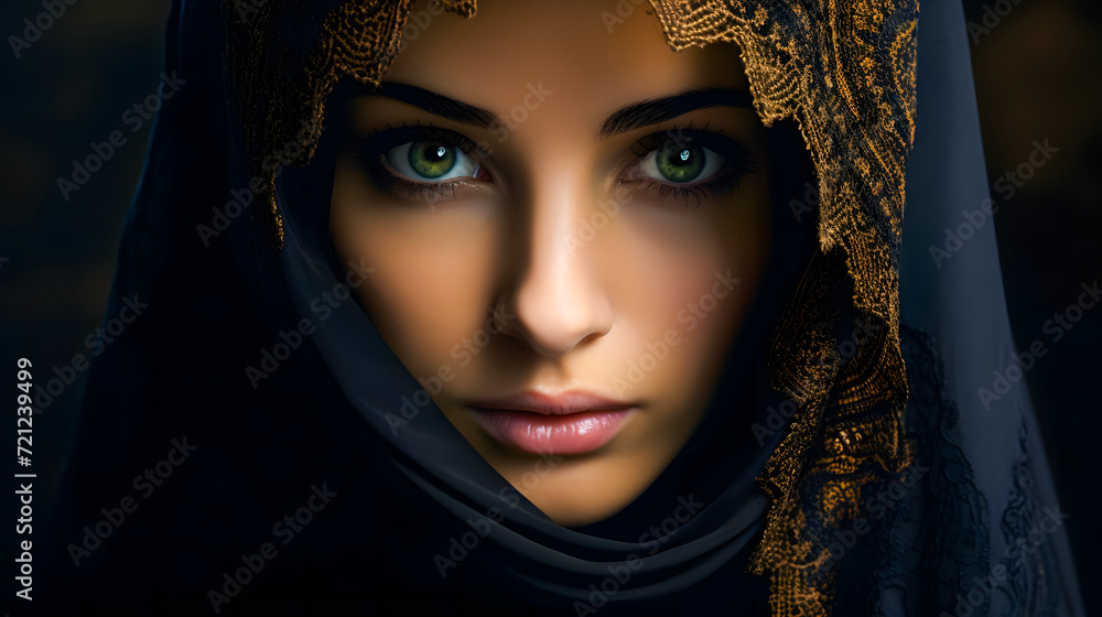 close up of a beautiful woman in a black veil wearing traditional clothing on a black background close up of a beautiful woman in a black veil wearing traditional clothing on a black background