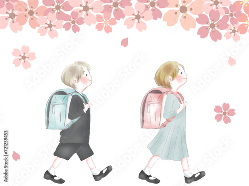 桜とランドセルの児童たち
