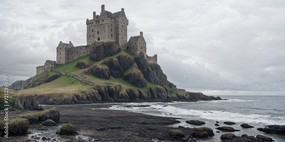 Panoramic view of a Scottish Castle fortress like ruins on top of a green grass hill with rocky coast and black sand pebble beach, overcast and foggy cold weather. 