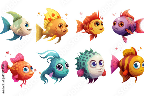 set of aquarium characters, funny marine creatures, puffer fish