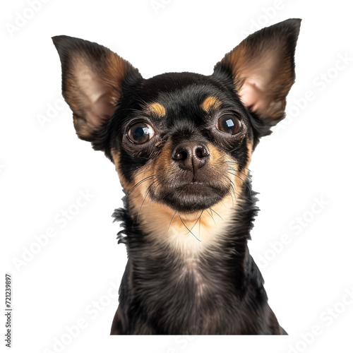 studio portrait of black and brown chihuahua dog looking forward and standing photo