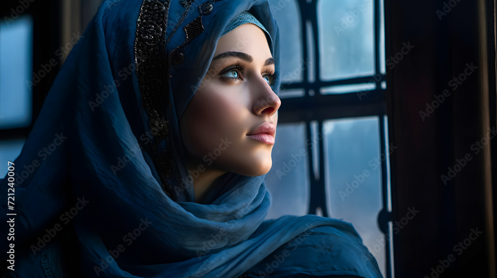 beautiful muslim woman in hijab looking out the window beautiful muslim woman in hijab looking out the window
