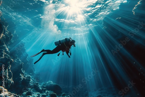 sun rays piercing through deep blue water with a diver as the subject
