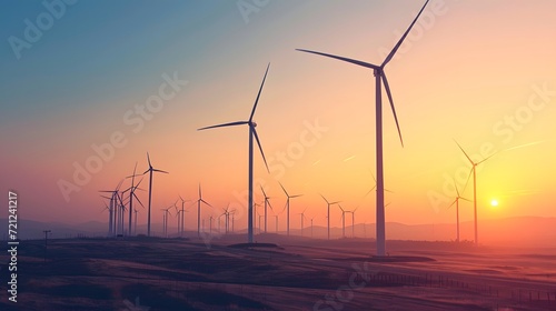 wind turbines at sunset, a wind farm against a clear sky, symbolizing renewable energy and sustainability