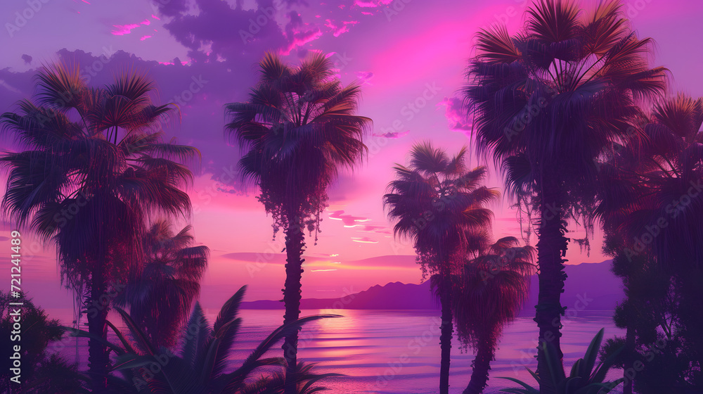 Palm trees framed by purple and pink shades of sunset create an incredible sight Palm trees framed by purple and pink shades of sunset create an incredible sight