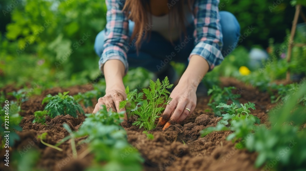 Young beautiful woman. Gardener plants carrots in a garden bed Young beautiful woman. Gardener plants carrots in a garden bed