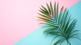 a single Palm leaf on a pastel pink and blue background, generative ai