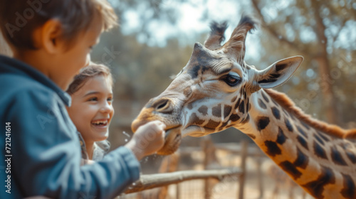 Happy family feeding a giraffe at the zoo © olegganko
