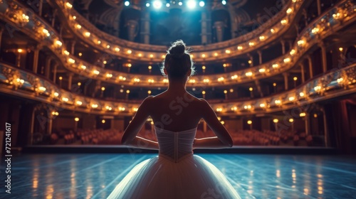 Lonely ballerina training alone on the stage of a large opera house in front of an empty hall