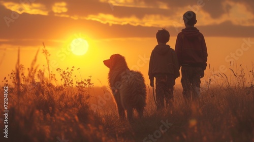 Early in the morning at dawn  two boys walk a large shaggy dog in the field admiring the dawn