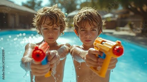 Two boys 10 years old play with water pistols against the backdrop of a summe...