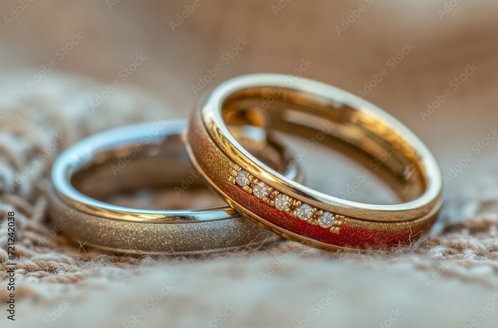 wedding rings are sitting on a white bench, rendered in unreal engine, gold wedding rings are sitting on a white bench, rendered in unreal engine, gold