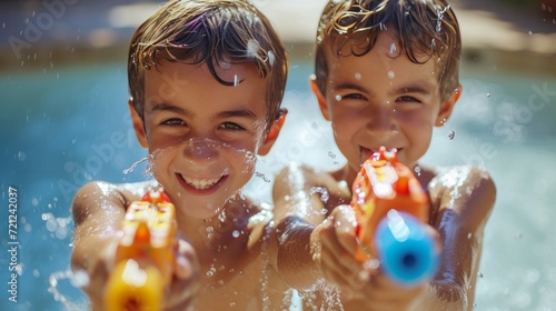 Two boys 10 years old play with water pistols against the backdrop of a summe...