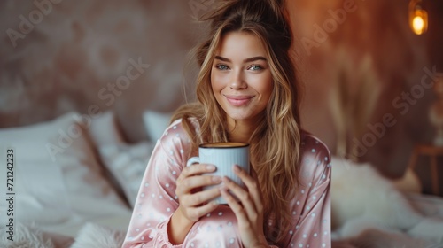Young pretty woman in pink silk pajamas with polka dots drinks coffee while s...
