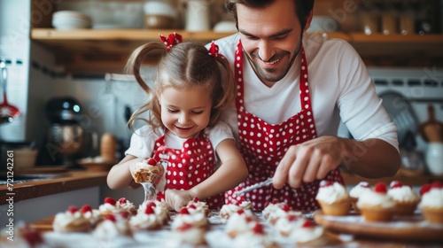 Dad and daughter preparing cupcakes in a modern kitchen wearing red polka dot...