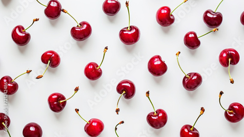 Top view of ripe red cherries trendy pattern. White background. Food modern concept. Generative AI