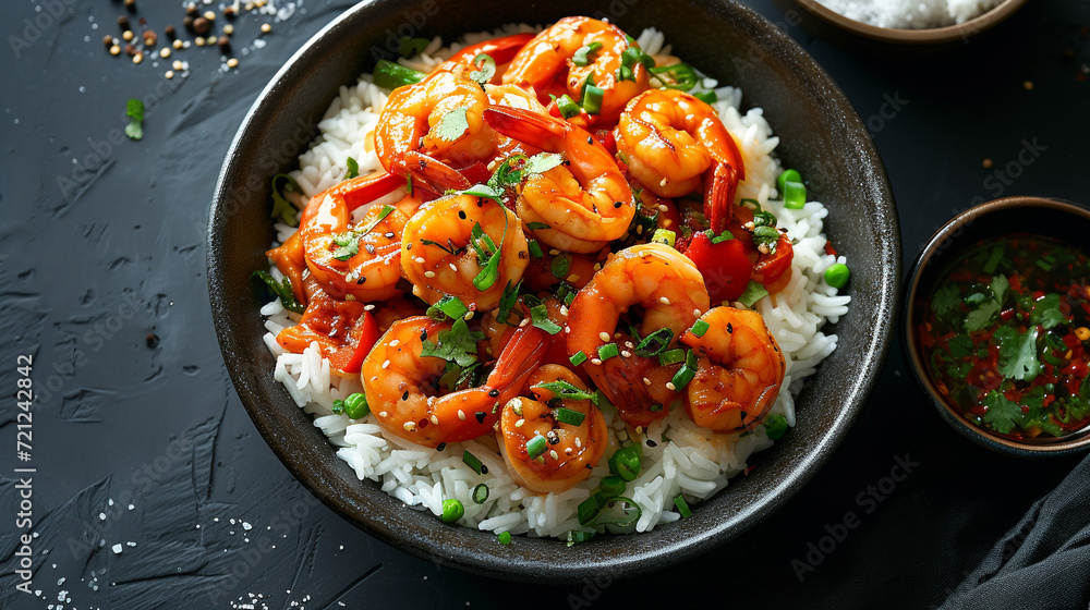 Fried spicy shrimp with rice and spices. On a black plate, wooden table. Unusual background. Asian cuisine. Homemade food. Restaurant.