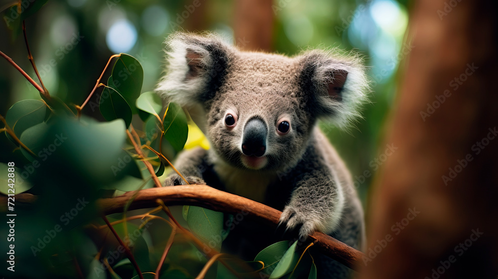Fototapeta premium Adorable little fluffy Koala cub in the eucalyptus forest of Australia