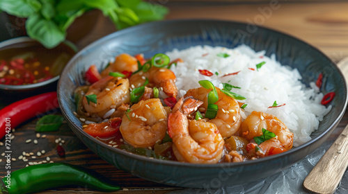 Fried spicy shrimp with rice and spices. On a black plate, wooden table. Unusual background. Asian cuisine. Homemade food. Restaurant.