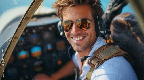Young smiling pilot in sunglasses sitting at the helm of an airplane