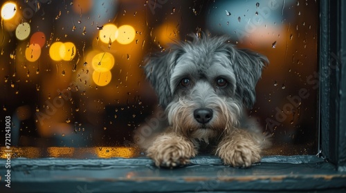 Sad shaggy dog sits alone in a booth in the rain