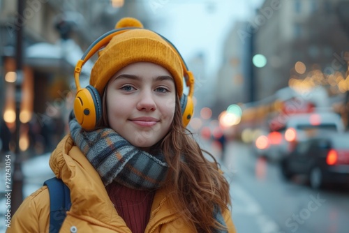 girl walking in the street listening to music and wearing headphone