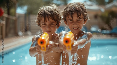 Two boys 10 years old play with water pistols against the backdrop of a summe...