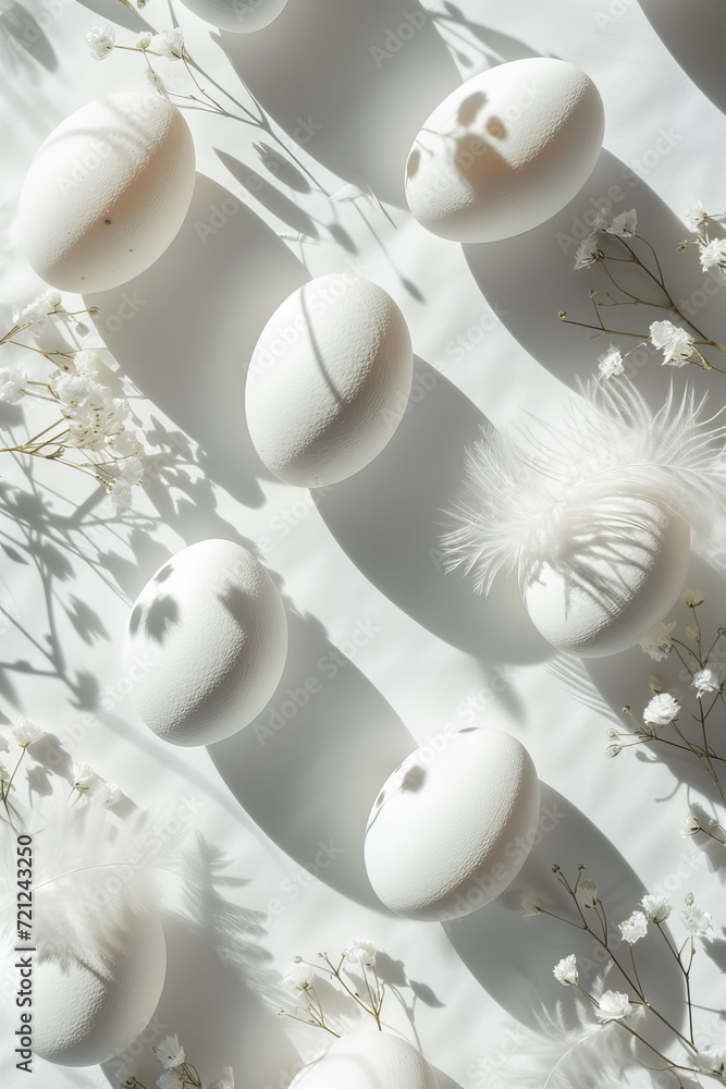 Easter eggs top view pattern with white feathers , all white . Isolated on white background. Easter eggs top view pattern with white feathers , all white . Isolated on white background.