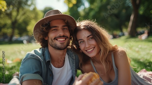Happy beautiful young couple eating croissant while sitting on the grass on t...