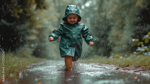 portrait of a little girl in a green raincoat runs through puddles in the rain