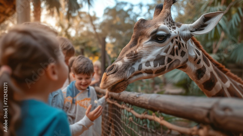 Happy family feeding a giraffe at the zoo © olegganko