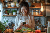 A woman happily enjoy with food and photo it
