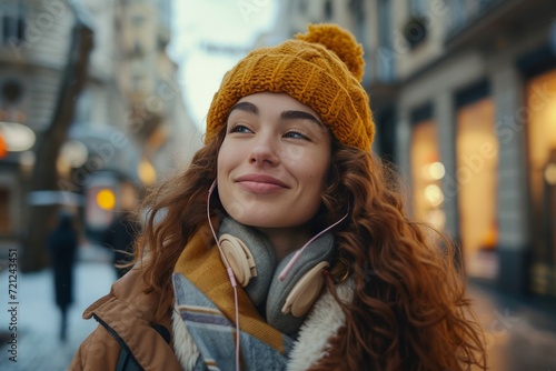 woman listening to her music while in the middle of a street