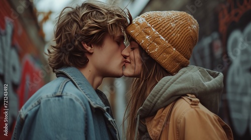 man and woman kissing in the urban setting