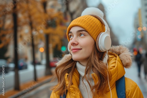 girl walking in the street listening to music and wearing headphone