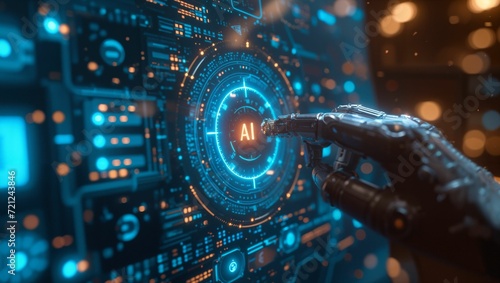 robot hand pushing a AI button, AI touch screen hologram, technology concept photo