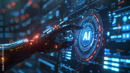 robot hand pushing a AI button, AI touch screen hologram, technology concept