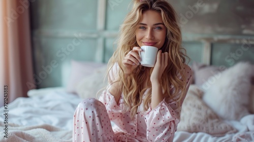 Young pretty woman in pink silk pajamas with polka dots drinks coffee while s...