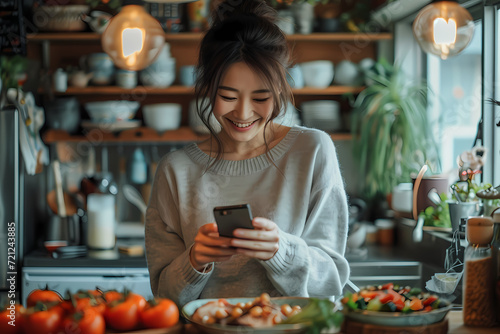 A woman happily enjoy with food and photo it © godex