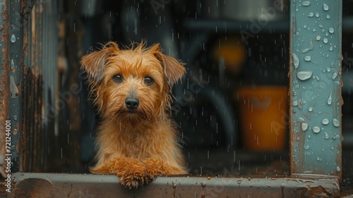 Sad shaggy dog sits alone in a booth in the rain