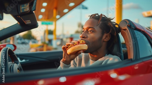 young man in a red sports car eating a hot dog at a gas station