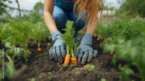 Young beautiful woman. Gardener plants carrots in a garden bed
