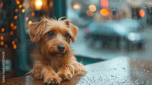 Sad shaggy dog sits alone in a booth in the rain