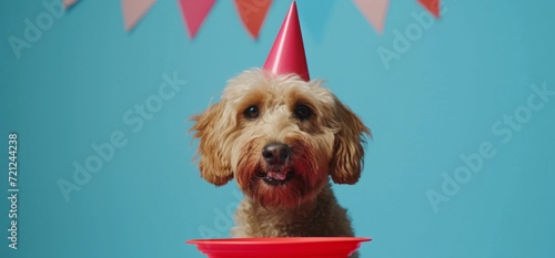 dog drinking birthday pipe with a party hat