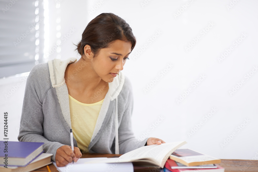 Student, woman and writing with books for study, knowledge or education with notes for project in dorm room. Young person, girl and learning at desk with novel for scholarship, reading and assessment Student, woman and writing with books for study, knowledge or education with notes for project in dorm room. Young person, girl and learning at desk with novel for scholarship, reading and assessment
