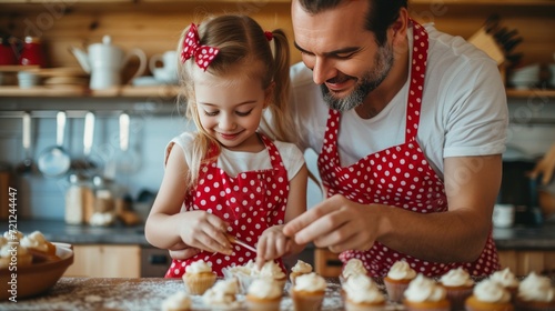 Dad and daughter preparing cupcakes in a modern kitchen wearing red polka dot aprons