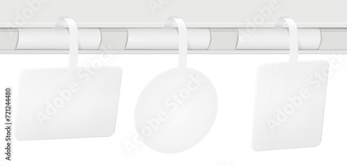 Rectangular, round, square shelf wobbler. Vector mockup set. White blank supermarket dangler realistic mock-up photo