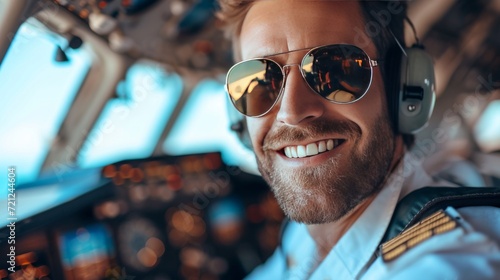 Young smiling pilot in sunglasses sitting at the helm of an airplane