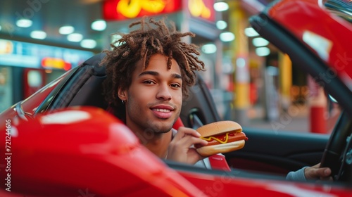 young man in a red sports car eating a hot dog at a gas station